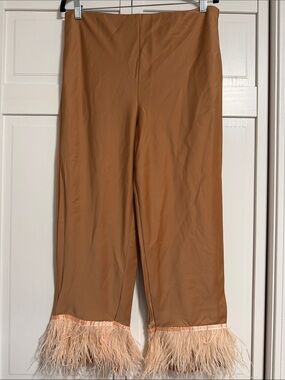 Rachel Roe Wide-Leg Pants with Feather Trim - Camel Brown